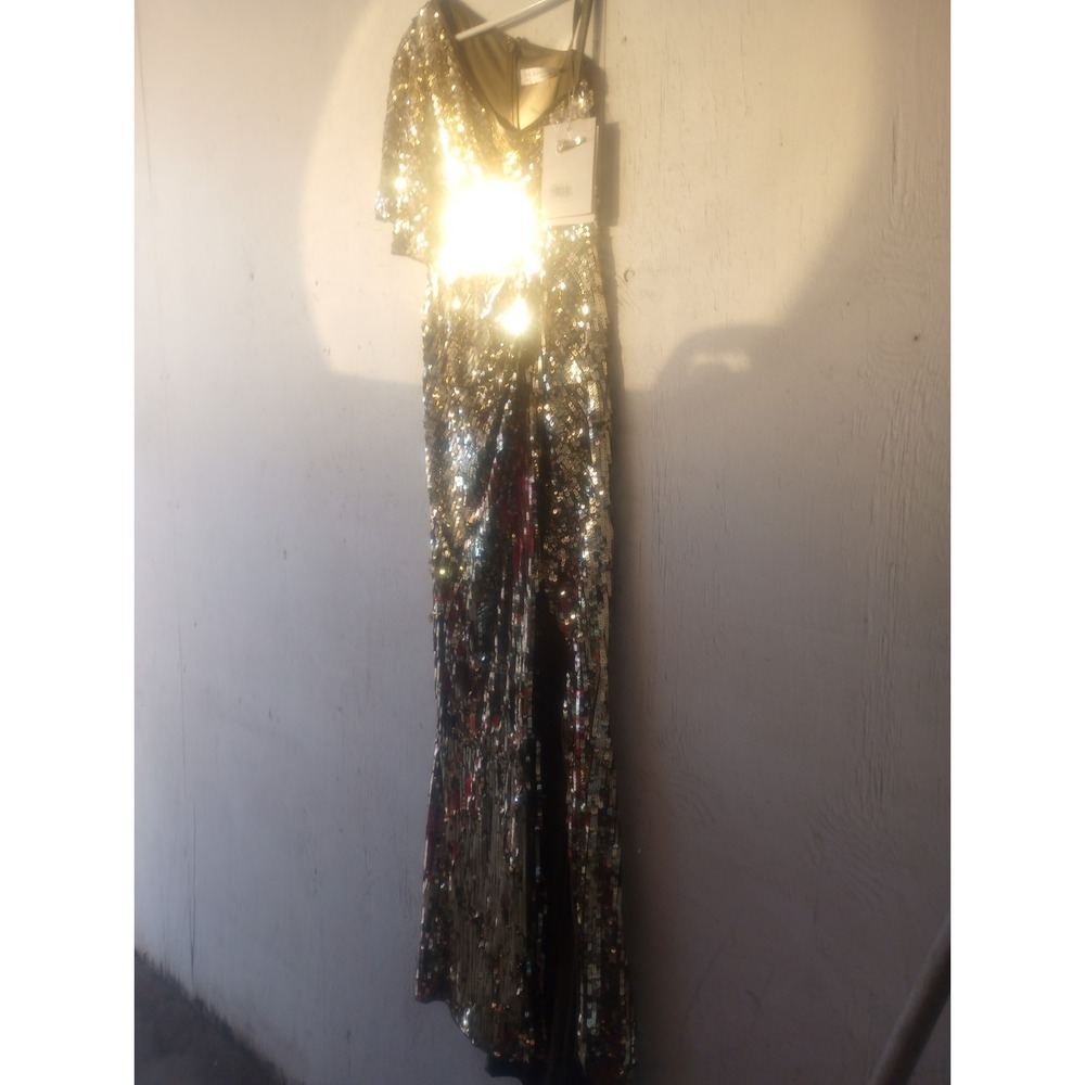 Mac Duggal Full Sequin One Shoulder‎ Cap Sleeve Slit Gown Dress Size 2 NWT Gold